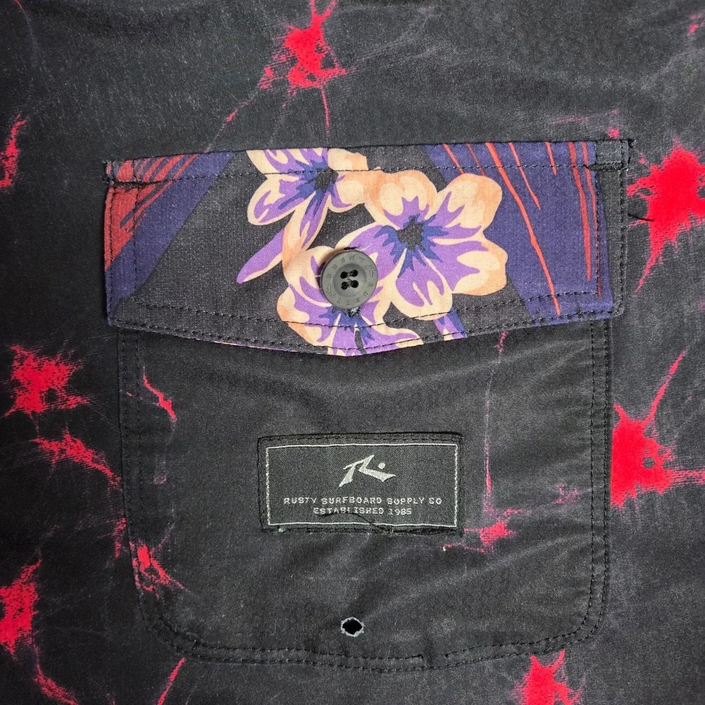 Rusty Mens Floral Splatter Board Shorts Black Red Purple Classic Fit Size‎ 36